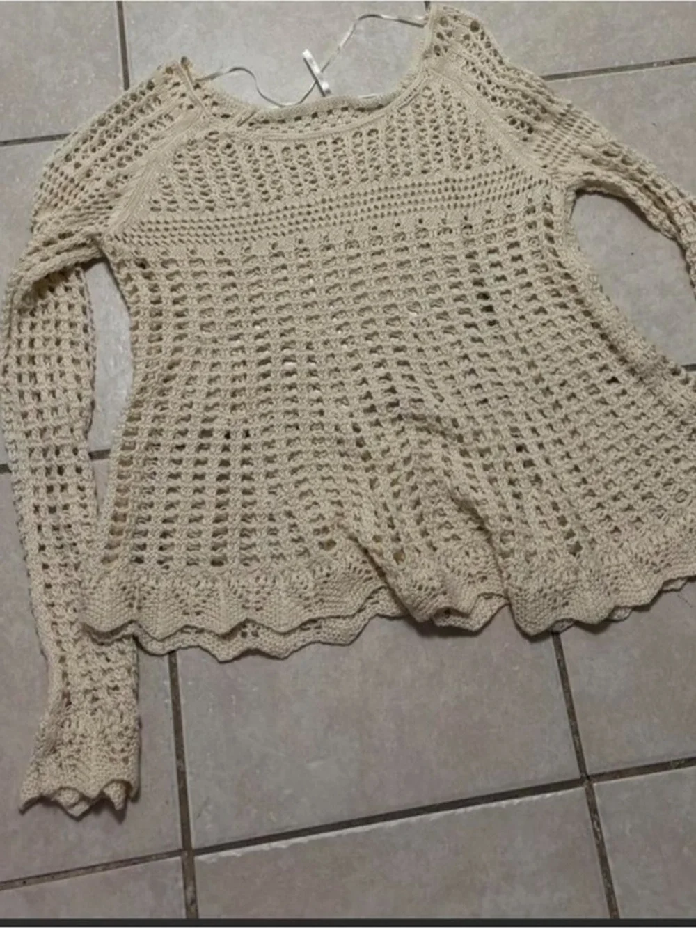 Free People Cream Crochet Open-Knit Scoop Sweater Top